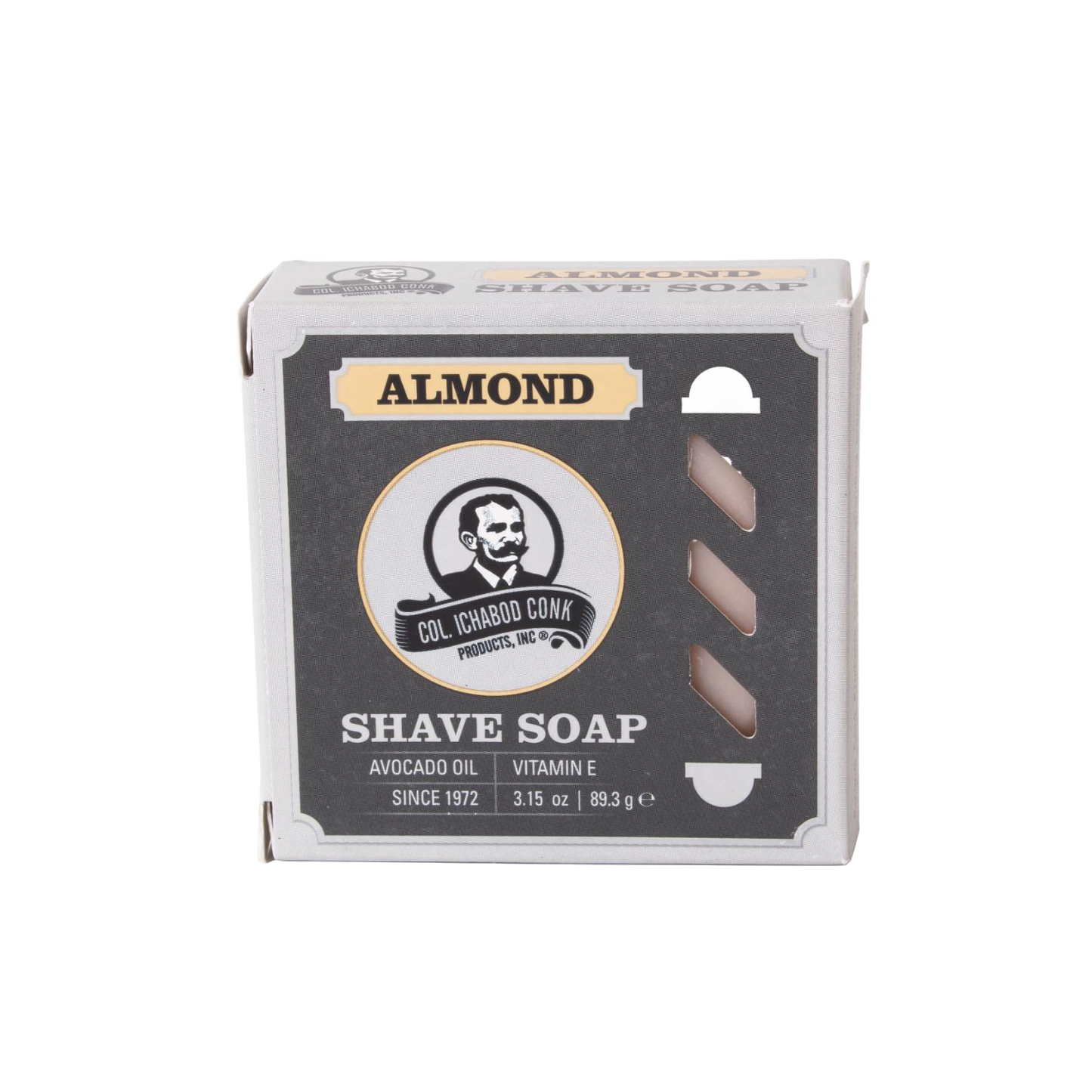 Square boxed almond-scented shaving soap featuring avocado oil and vitamin E, handcrafted in USA, ideal for Health & Wellness, Grooming and Personal Hygiene, Soaps and Soapmaking, Best Sellers, and Promo Eligible collections.