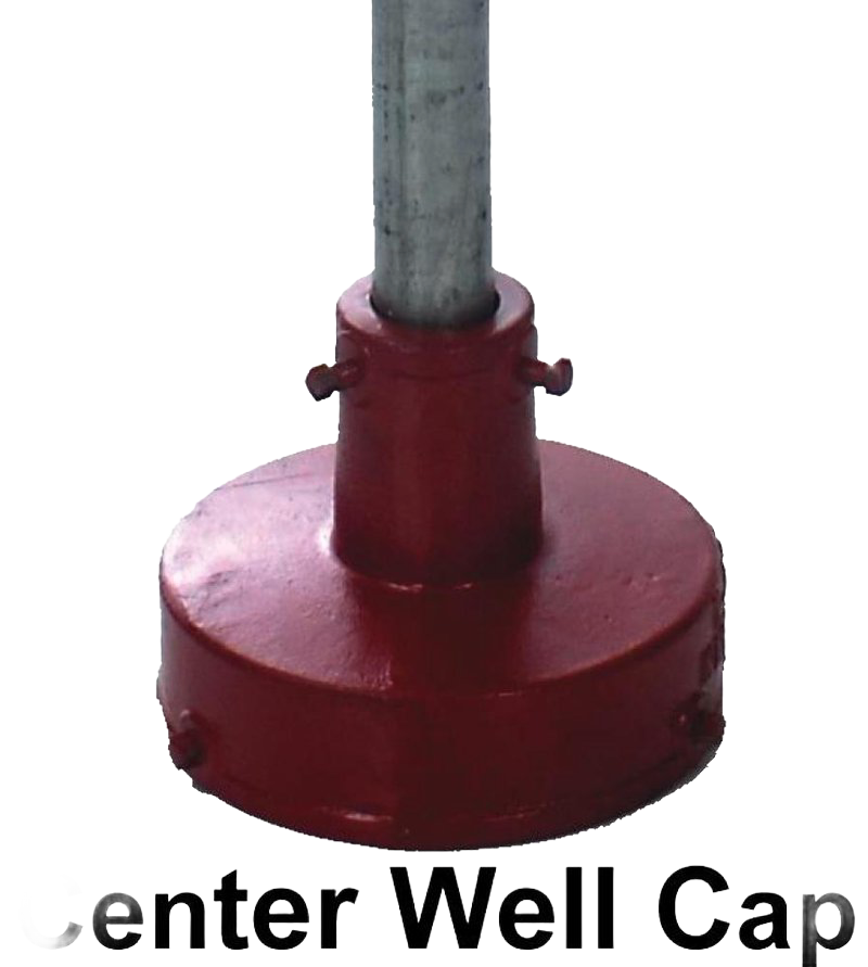 Red metal center well cap with attached vertical pipe, designed for deep well water pump systems; handcrafted and made in the USA, featured in Appliances, Water Pumps, and Best Sellers collections.