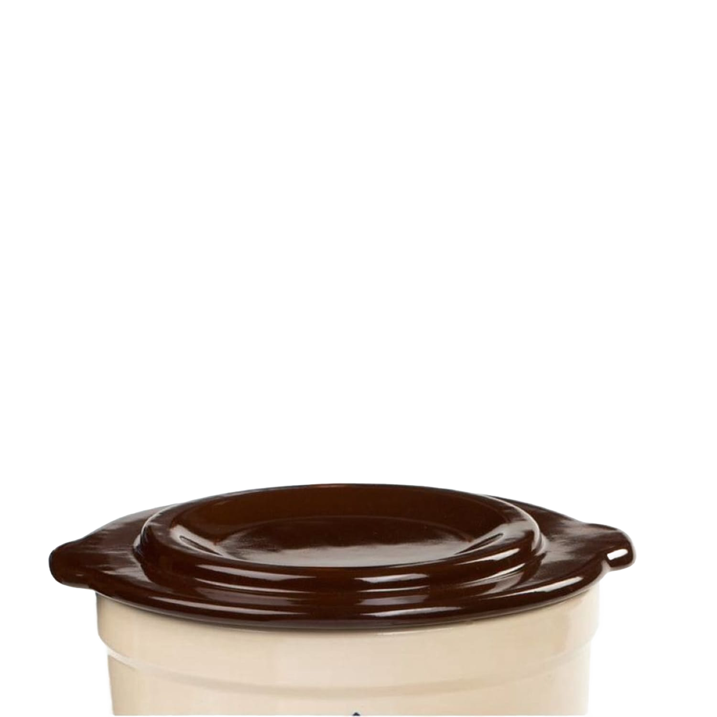 Handcrafted dark brown stoneware lid with side handles, made in USA, designed for kitchen food preservation, fermenting, and pickling collections including numbered and utility crocks.
