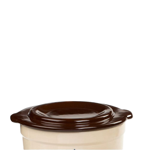 Handcrafted dark brown stoneware lid with side handles, made in USA, designed for kitchen food preservation, fermenting, and pickling collections including numbered and utility crocks.
