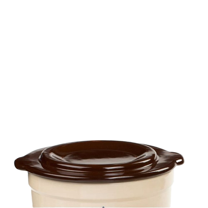 Handcrafted dark brown stoneware lid with side handles, made in USA, designed for kitchen food preservation, fermenting, and pickling collections including numbered and utility crocks.