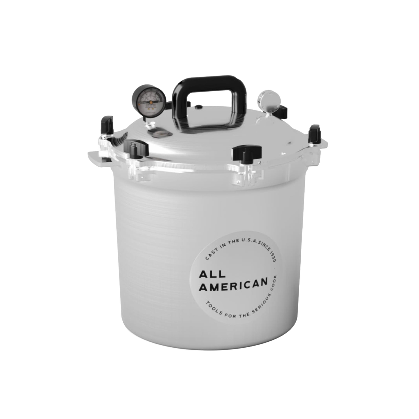 Heavy-duty pressure canner with durable cast aluminum construction, secure locking lid, pressure gauge, and black handle, ideal for kitchen food preservation and USA made collections.