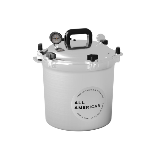 Heavy-duty pressure canner with durable cast aluminum construction, secure locking lid, pressure gauge, and black handle, ideal for kitchen food preservation and USA made collections.