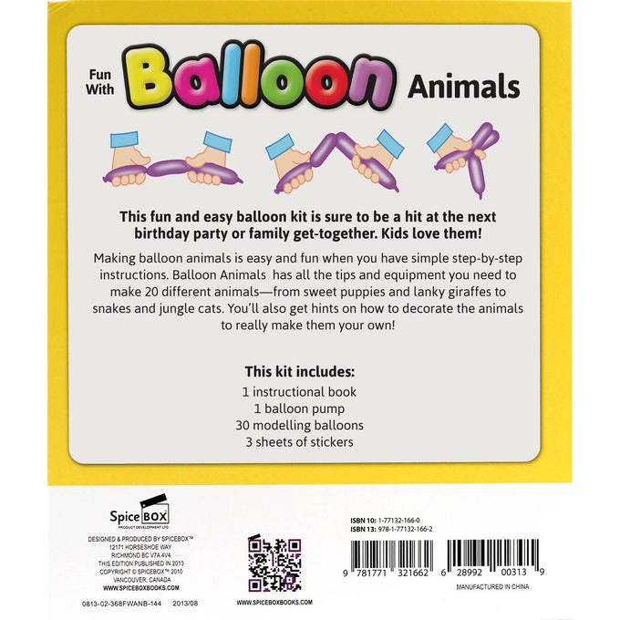 Instructional booklet cover for a balloon animals kit showing colorful text and illustrations demonstrating step-by-step balloon twisting techniques, perfect for children's toys, arts and crafts, and best sellers collections.