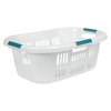 White lightweight laundry basket with teal grip handles and perforated sides, designed for easy carrying in home and laundry supplies collections.