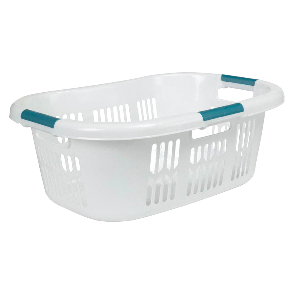 White lightweight laundry basket with teal grip handles and perforated sides, designed for easy carrying in home and laundry supplies collections.