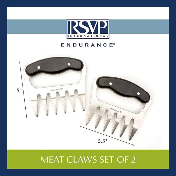 Set of two stainless steel meat claws with black ergonomic handles, designed for easy shredding of hot meats, featured in Kitchen & Food, Kitchen Gadgets, and Best Sellers collections.