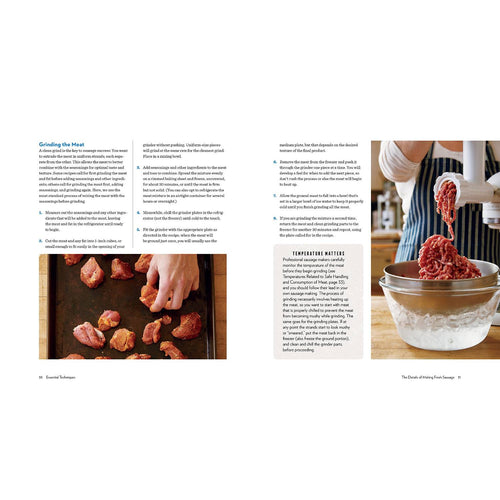 Open cookbook pages showing detailed step-by-step instructions for grinding meat, accompanied by photos of raw meat pieces and ground meat in a metal bowl, featured in cookbooks and best seller collections.