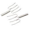 Pair of heavy-duty stainless steel lifters with curved forked tines and smooth handles designed for safe handling of large roasts, featured in kitchen gadget collections.