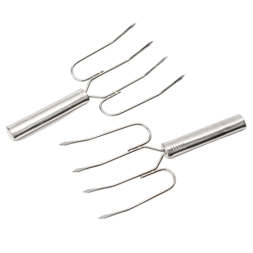 Pair of heavy-duty stainless steel lifters with curved forked tines and smooth handles designed for safe handling of large roasts, featured in kitchen gadget collections.