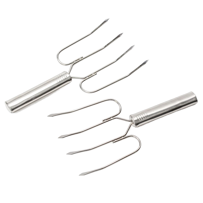 Pair of heavy-duty stainless steel lifters with curved forked tines and smooth handles designed for safe handling of large roasts, featured in kitchen gadget collections.