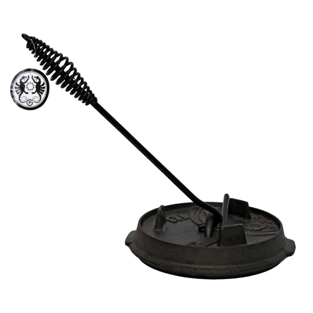 Cast iron Dutch oven lid being lifted by a black metal lid lifter with a coiled handle, designed for safe and comfortable use, featured in Farm, Garden & Tool, Camping, Best Sellers, and Promo Eligible collections.