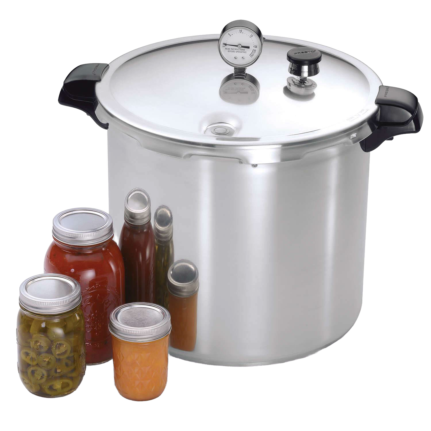Large aluminum pressure canner with dial gauge and locking lid, shown with assorted glass jars of preserved foods, ideal for Kitchen & Food, Food Preservation, and Canning collections.