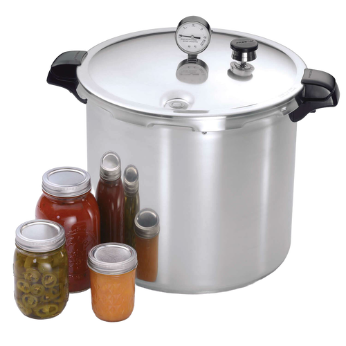 Large aluminum pressure canner with dial gauge and locking lid, shown with assorted glass jars of preserved foods, ideal for Kitchen & Food, Food Preservation, and Canning collections.