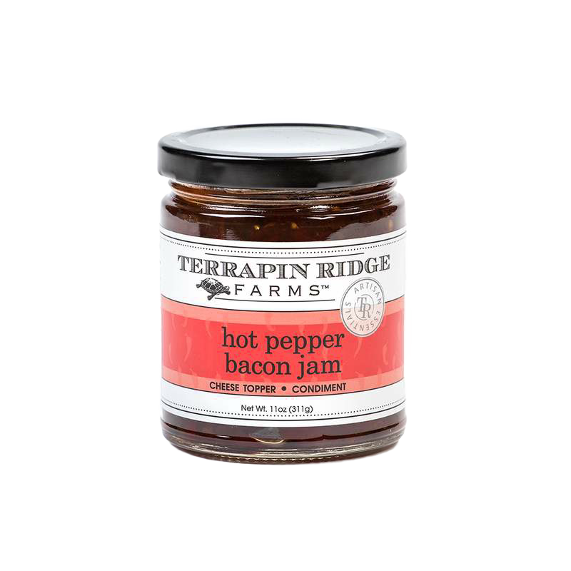 Glass jar of handcrafted Hot Pepper Bacon Jam with a black lid and red label, ideal for Kitchen & Food, Pantry, and USA Made collections at Lehman’s.