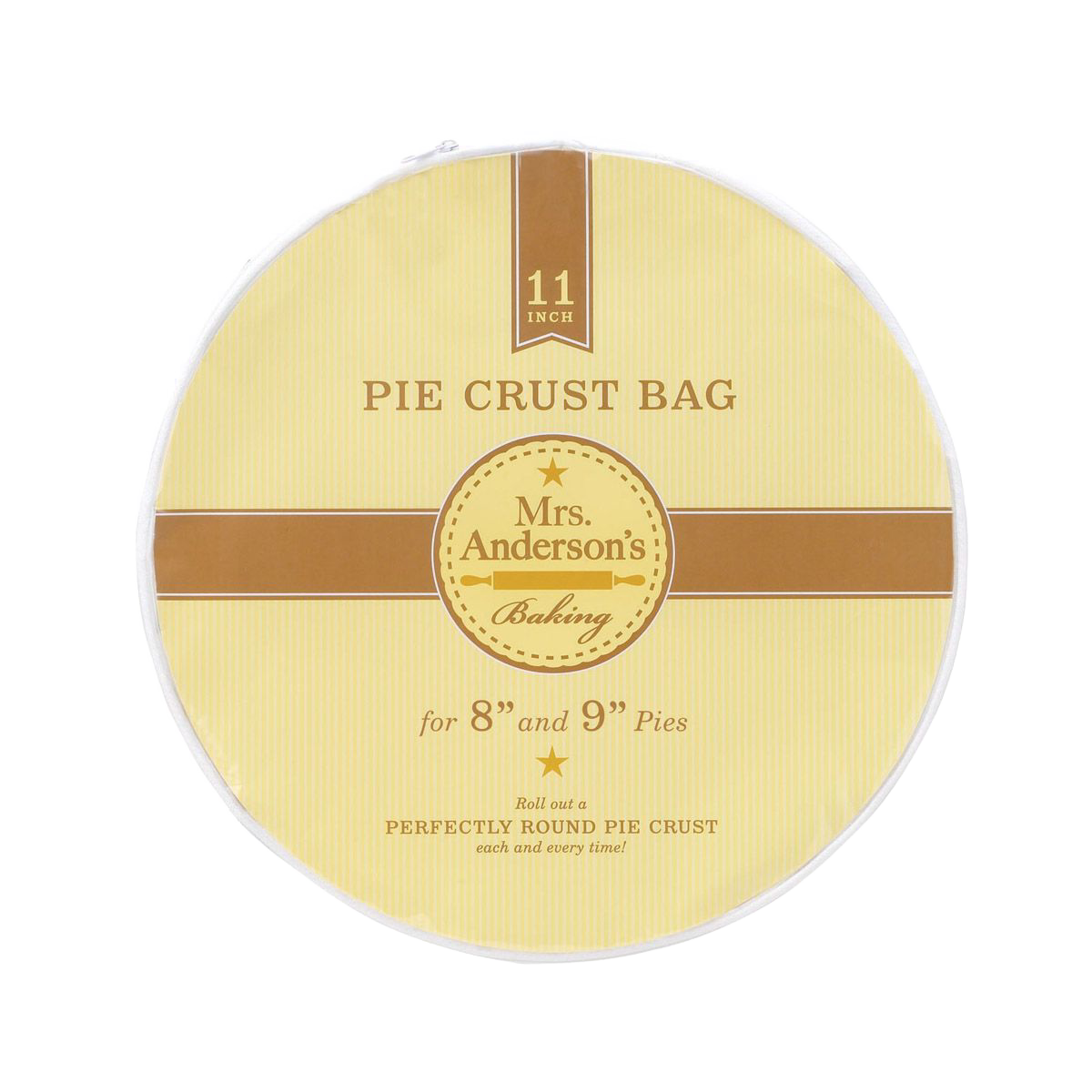 Clear round plastic bag labeled for rolling out 8 to 9-inch pie crusts, featuring a beige and brown design, ideal for Kitchen & Food, Cookware, Baking Supplies, Best Sellers, and Promo Eligible collections.