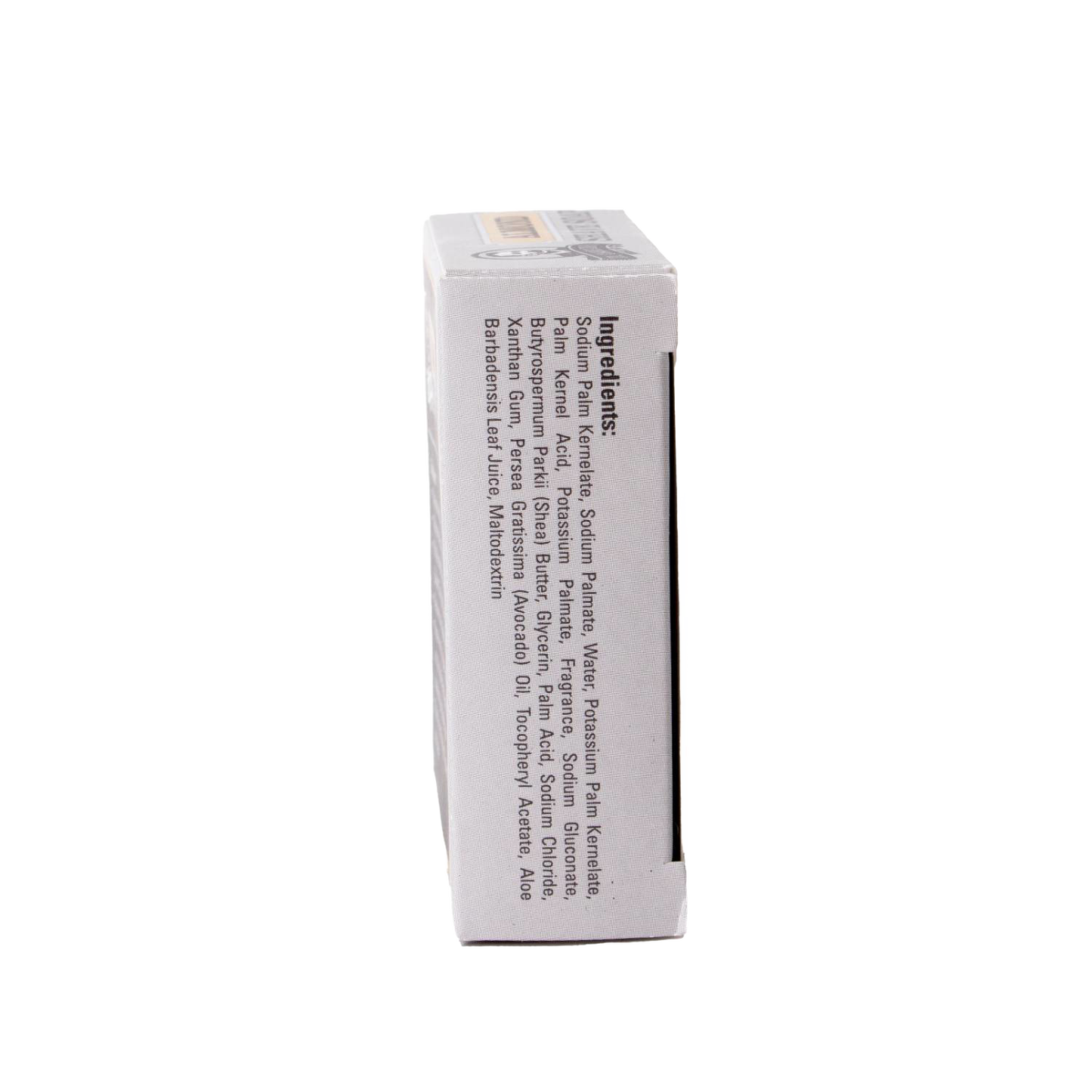 Side view of a boxed large shaving soap highlighting the ingredient list including shea butter, avocado oil, vitamin E, and glycerin, handcrafted in USA, featured in Health & Wellness, Grooming and Personal Hygiene, Soaps and Soapmaking, USA Made, Best Sellers, and Promo Eligible collections.