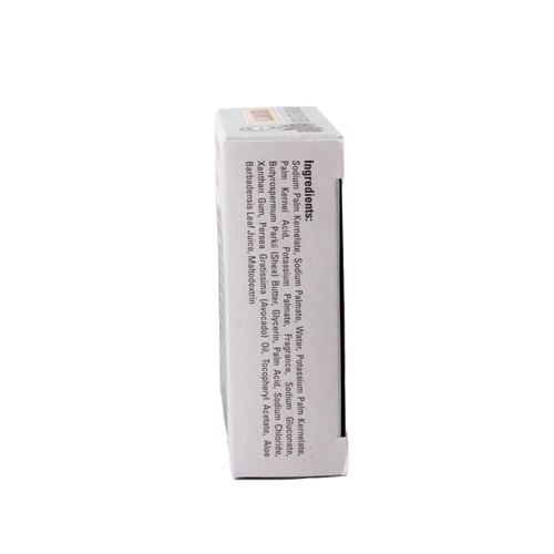 Side view of a boxed large shaving soap highlighting the ingredient list including shea butter, avocado oil, vitamin E, and glycerin, handcrafted in USA, featured in Health & Wellness, Grooming and Personal Hygiene, Soaps and Soapmaking, USA Made, Best Sellers, and Promo Eligible collections.
