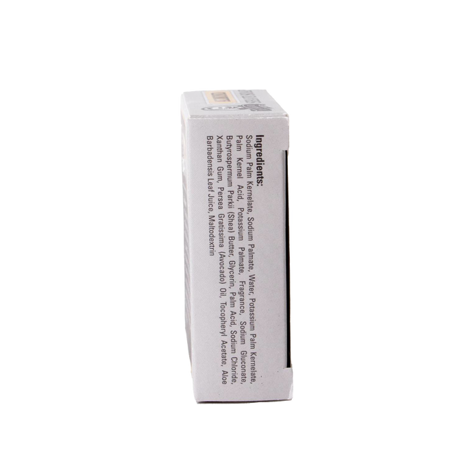 Side view of a boxed large shaving soap highlighting the ingredient list including shea butter, avocado oil, vitamin E, and glycerin, handcrafted in USA, featured in Health & Wellness, Grooming and Personal Hygiene, Soaps and Soapmaking, USA Made, Best Sellers, and Promo Eligible collections.