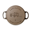 Top view of a handcrafted, Amish-made cast iron Dutch oven lid featuring a vintage wagon design and size 8 marking, made in USA, ideal for Kitchen & Food and Cast Iron collections.