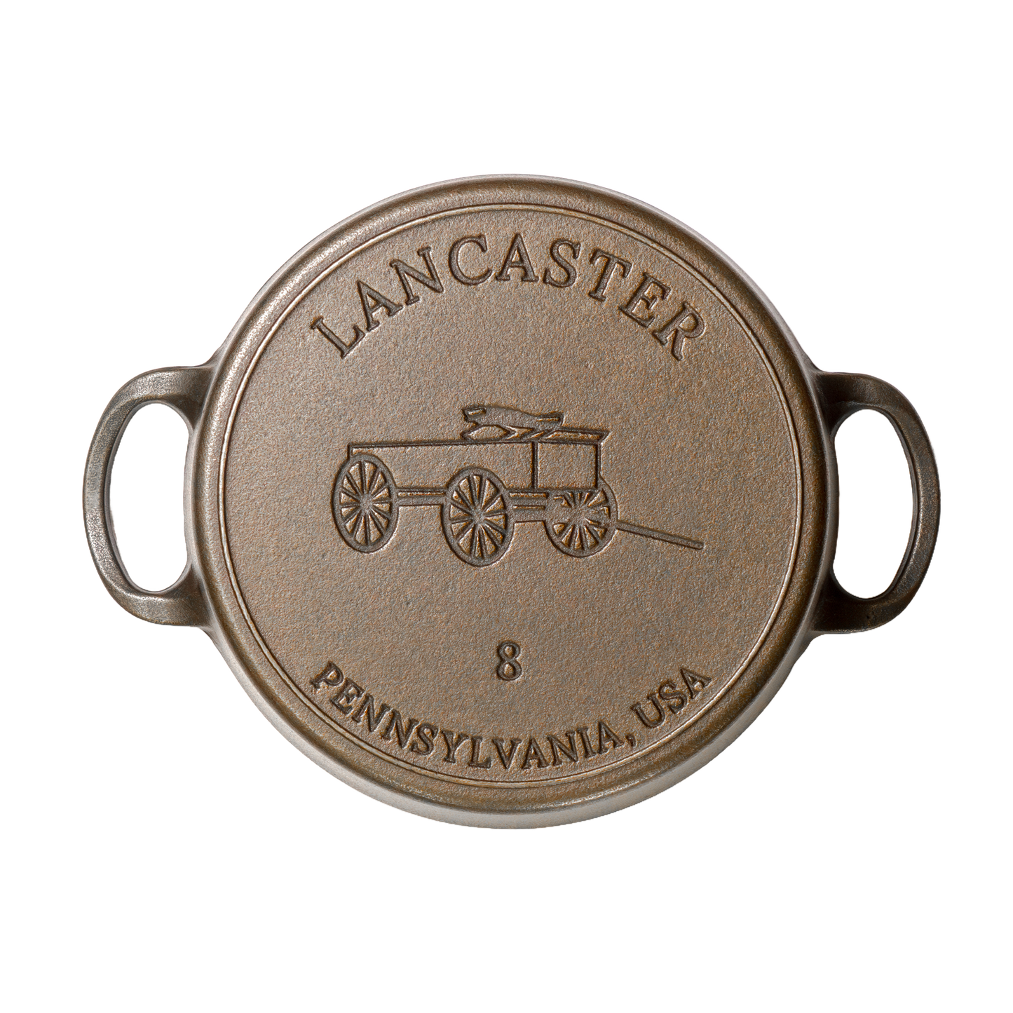 Top view of a handcrafted, Amish-made cast iron Dutch oven lid featuring a vintage wagon design and size 8 marking, made in USA, ideal for Kitchen & Food and Cast Iron collections.