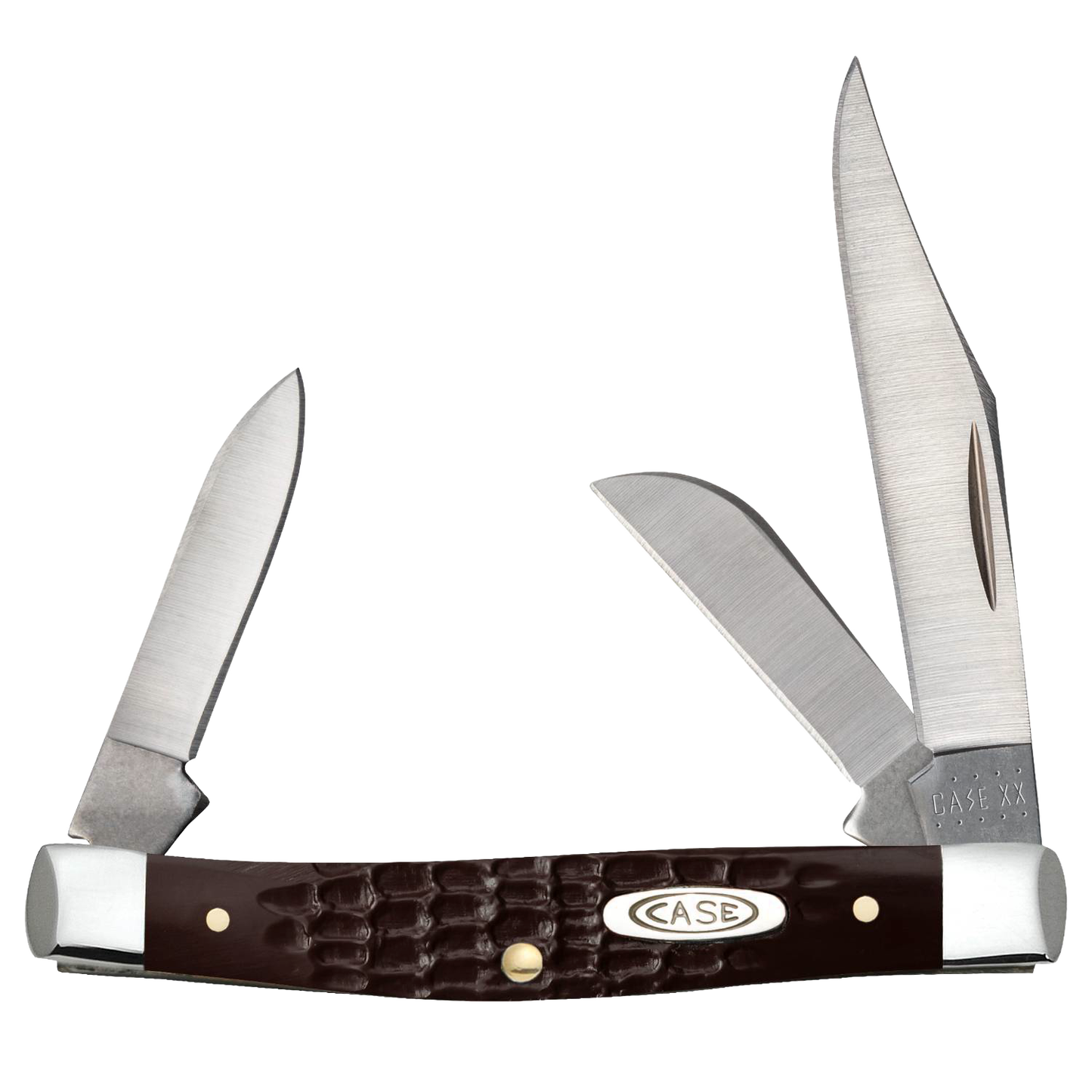 Traditional pocket knife with three stainless steel blades and textured brown synthetic handle, handcrafted in USA, part of Farm, Garden & Tool and Best Sellers collections.