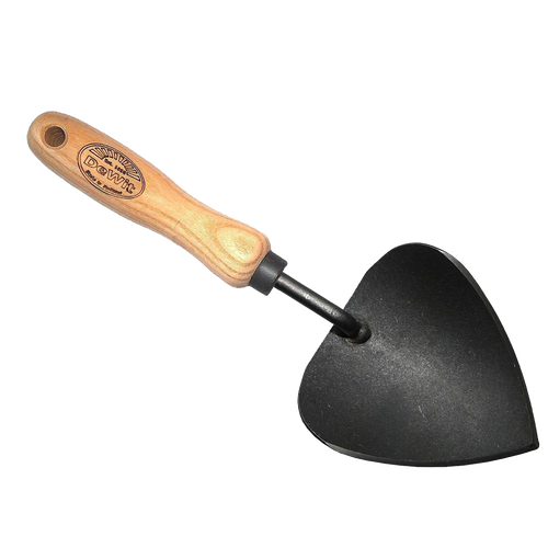 Handcrafted trowel with a wooden handle and curved black blade shaped for precise digging, perfect for farm, garden, and tool use in digging and cultivating collections.