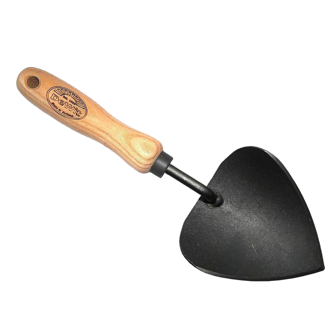 Handcrafted trowel with a wooden handle and curved black blade shaped for precise digging, perfect for farm, garden, and tool use in digging and cultivating collections.