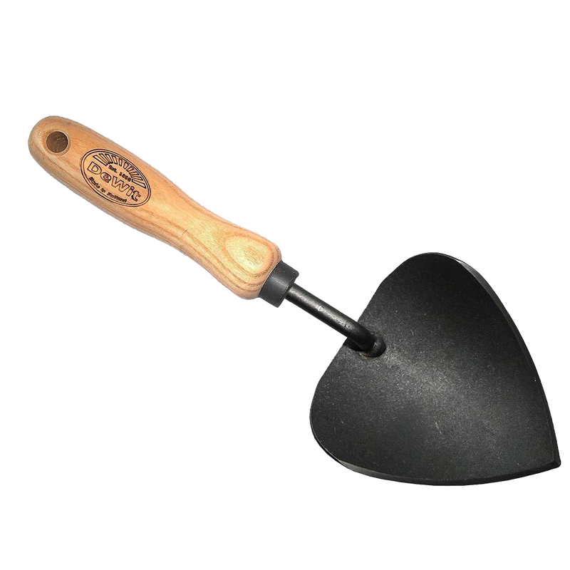 Handcrafted trowel with a wooden handle and curved black blade shaped for precise digging, perfect for farm, garden, and tool use in digging and cultivating collections.