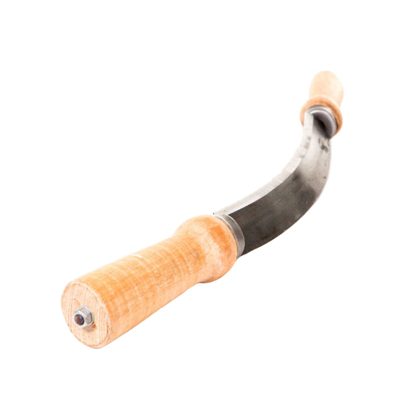 Handcrafted curved draw knife with smooth wooden handles and sharp steel blade, designed for efficient debarking and shaping in Farm, Garden & Tool and Wood Cutting collections.