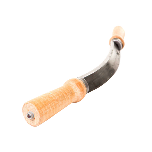 Handcrafted curved draw knife with smooth wooden handles and sharp steel blade, designed for efficient debarking and shaping in Farm, Garden & Tool and Wood Cutting collections.