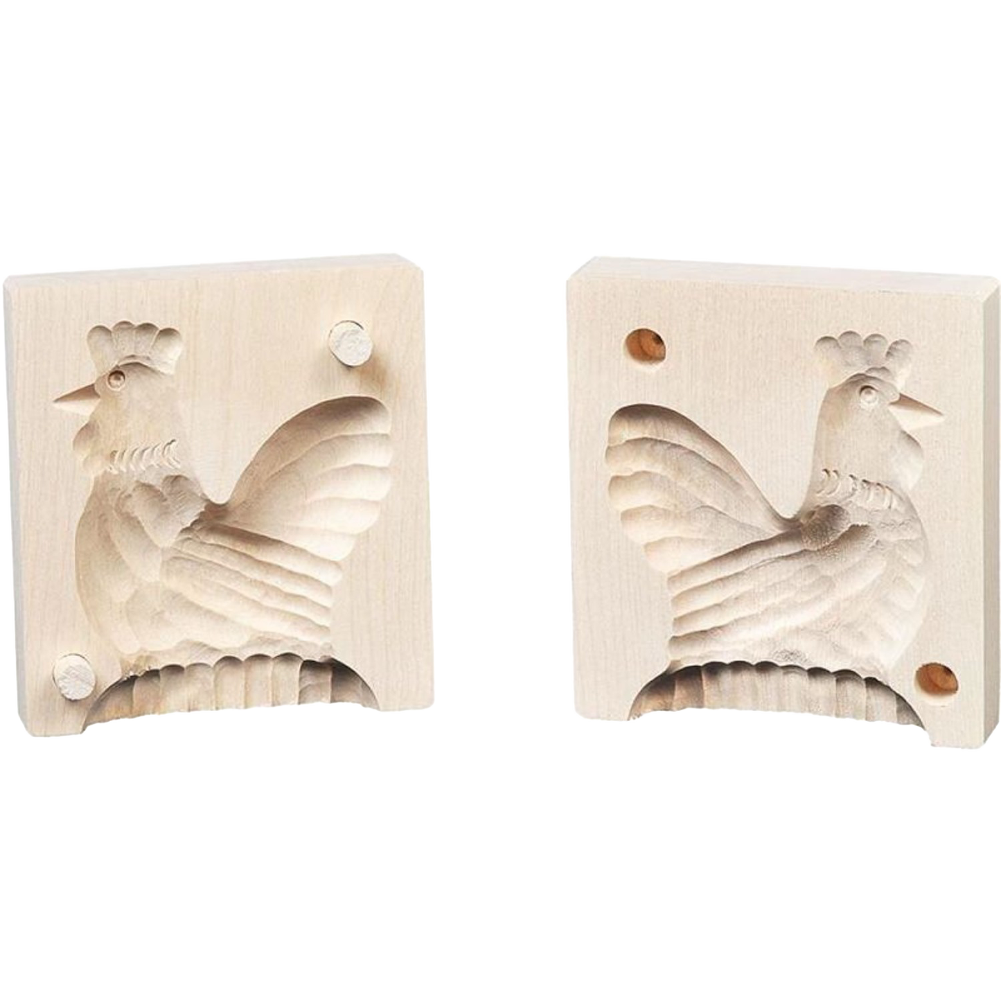 Two-piece handcrafted hardwood butter mold featuring a detailed rooster design, naturally finished and ideal for Kitchen & Food, Specialty Equipment, Making Butter, Best Sellers, and Promo Eligible collections.