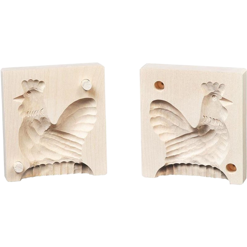 Two-piece handcrafted hardwood butter mold featuring a detailed rooster design, naturally finished and ideal for Kitchen & Food, Specialty Equipment, Making Butter, Best Sellers, and Promo Eligible collections.