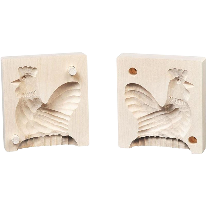 Two-piece handcrafted hardwood butter mold featuring a detailed rooster design, naturally finished and ideal for Kitchen & Food, Specialty Equipment, Making Butter, Best Sellers, and Promo Eligible collections.