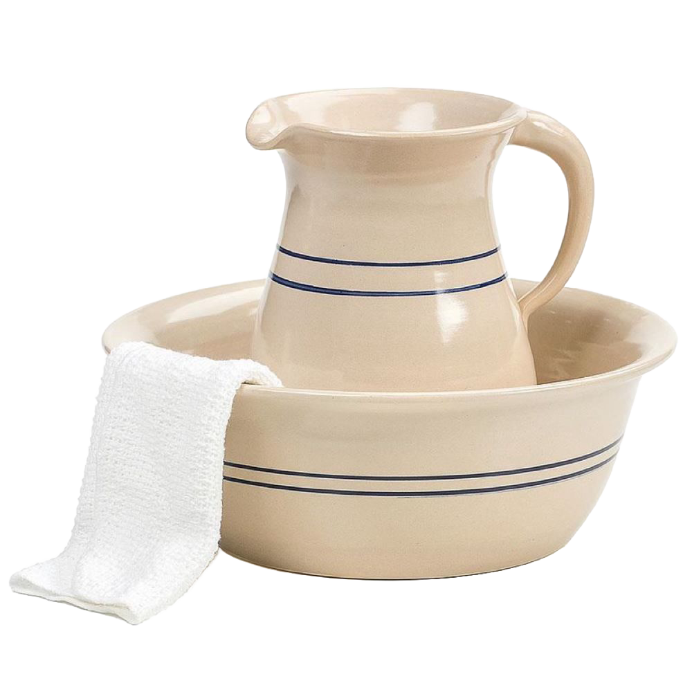 Handcrafted stoneware wash basin and pitcher set with classic blue stripe design, made in USA, ideal for Home & Decor, Kitchen & Food, and Household Helpers collections.