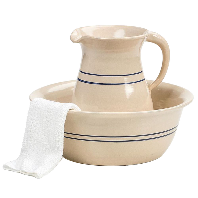 Handcrafted stoneware wash basin and pitcher set with classic blue stripe design, made in USA, ideal for Home & Decor, Kitchen & Food, and Household Helpers collections.