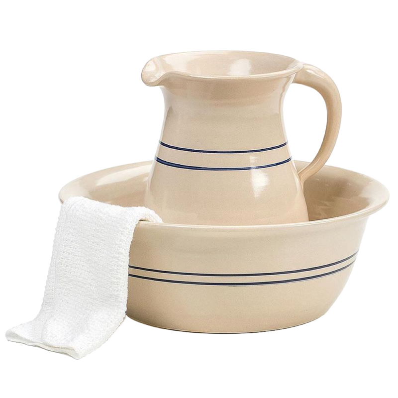 Handcrafted stoneware wash basin and pitcher set with classic blue stripe design, made in USA, ideal for Home & Decor, Kitchen & Food, and Household Helpers collections.