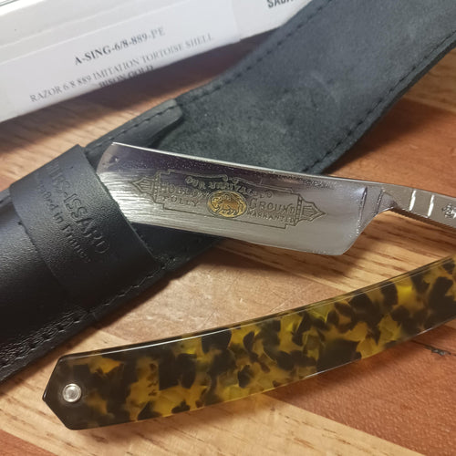 Handcrafted straight razor featuring a detailed polished blade with exclusive lead hardening and a tortoise shell patterned handle, ideal for Grooming and Personal Hygiene, Health & Wellness, and Best Sellers collections.