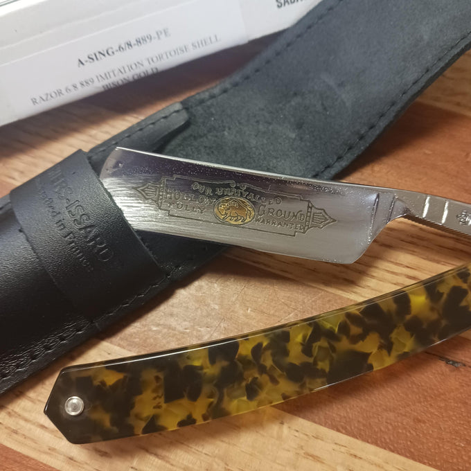 Handcrafted straight razor featuring a detailed polished blade with exclusive lead hardening and a tortoise shell patterned handle, ideal for Grooming and Personal Hygiene, Health & Wellness, and Best Sellers collections.