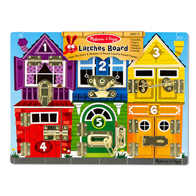 Colorful wooden latches board featuring six numbered doors with metal latches revealing playful animal illustrations, designed to teach colors, numbers, and fine motor skills, ideal for indoor play and children's toys collections.