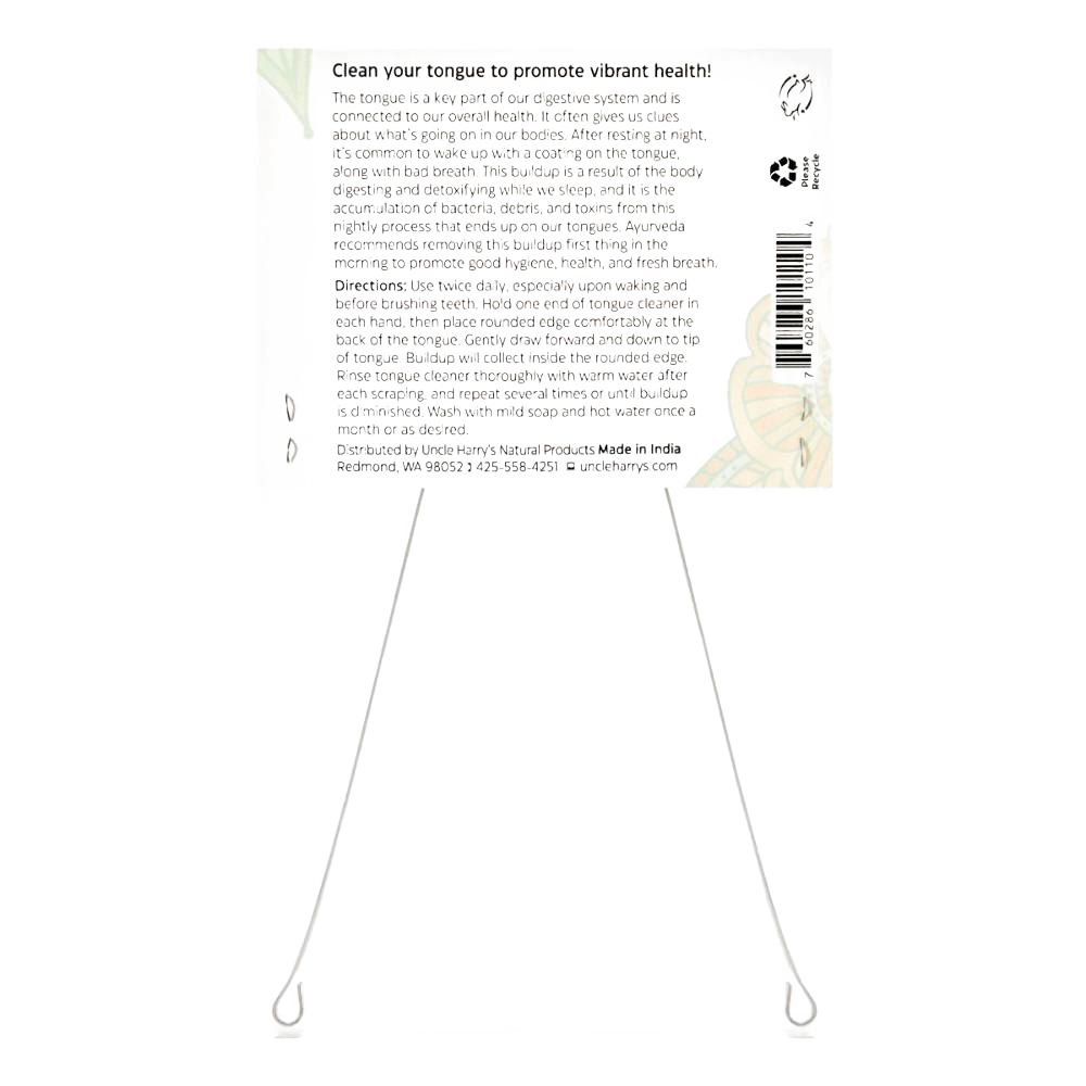 Instructional packaging for Uncle Harry's Tongue Cleaner featuring usage directions and care tips, presented in a clear layout; part of Health & Wellness, Grooming and Personal Hygiene, Best Sellers, Promo Eligible collections.