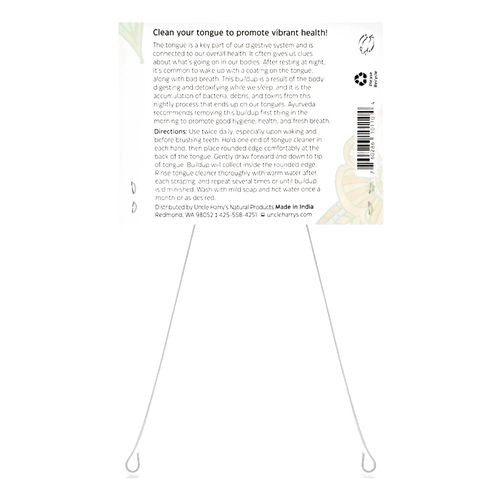 Instructional packaging for Uncle Harry's Tongue Cleaner featuring usage directions and care tips, presented in a clear layout; part of Health & Wellness, Grooming and Personal Hygiene, Best Sellers, Promo Eligible collections.