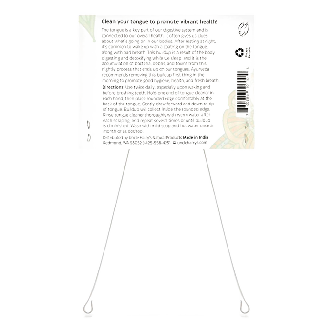 Instructional packaging for Uncle Harry's Tongue Cleaner featuring usage directions and care tips, presented in a clear layout; part of Health & Wellness, Grooming and Personal Hygiene, Best Sellers, Promo Eligible collections.