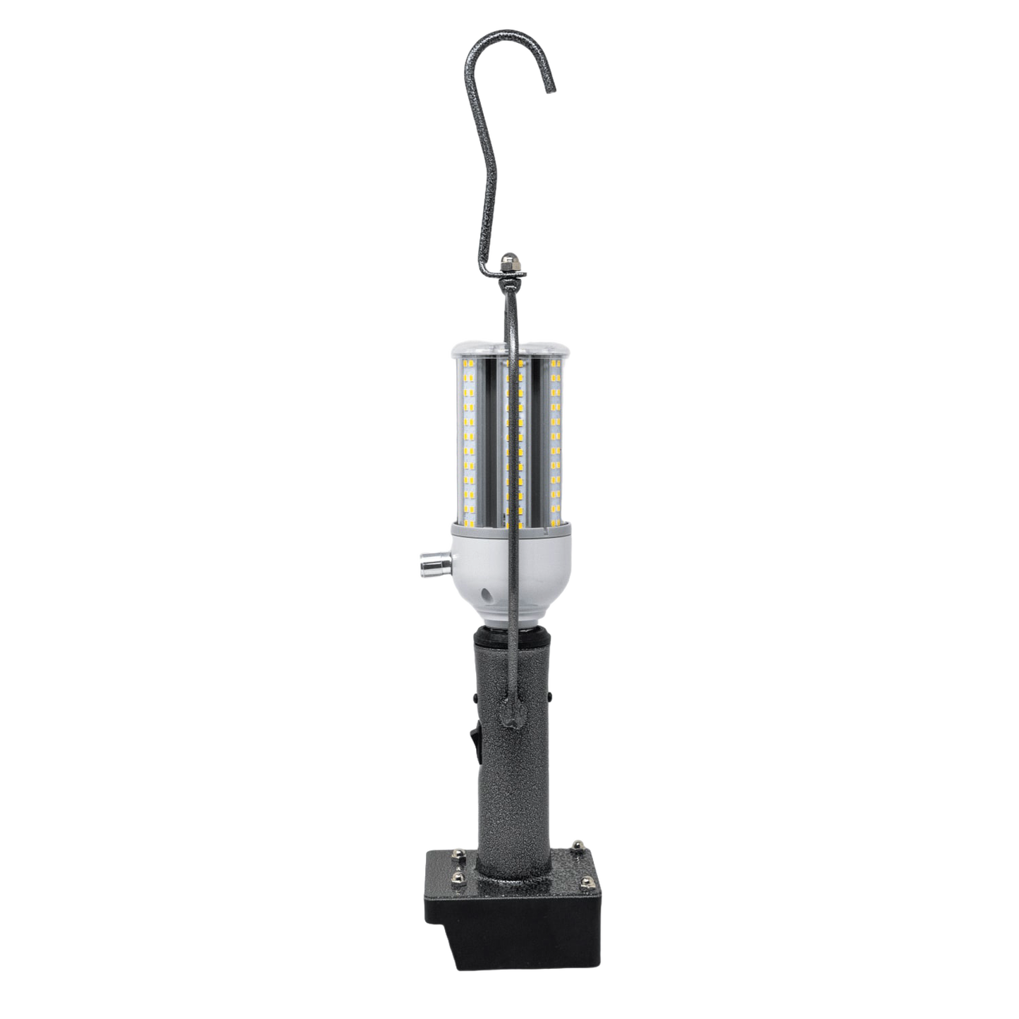 Portable industrial-style LED lantern with metal hook and textured black base, designed for versatile use in camping, emergency supplies, and outdoor lighting collections.