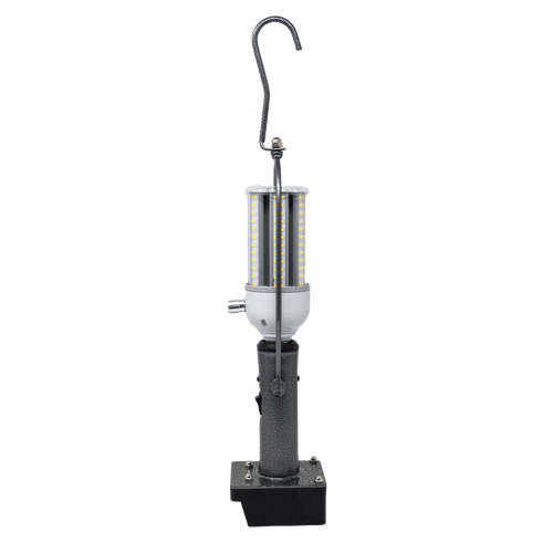Portable industrial-style LED lantern with metal hook and textured black base, designed for versatile use in camping, emergency supplies, and outdoor lighting collections.