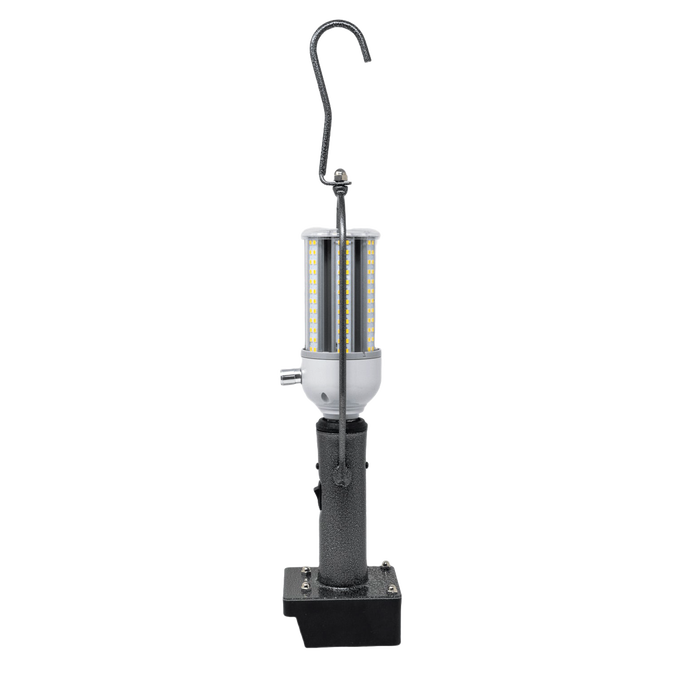 Portable industrial-style LED lantern with metal hook and textured black base, designed for versatile use in camping, emergency supplies, and outdoor lighting collections.