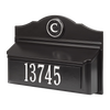 Black and white wall mount mailbox with raised house number and round monogram medallion, handcrafted in USA, featured in Home & Decor and Mailboxes and Address Signs collections.