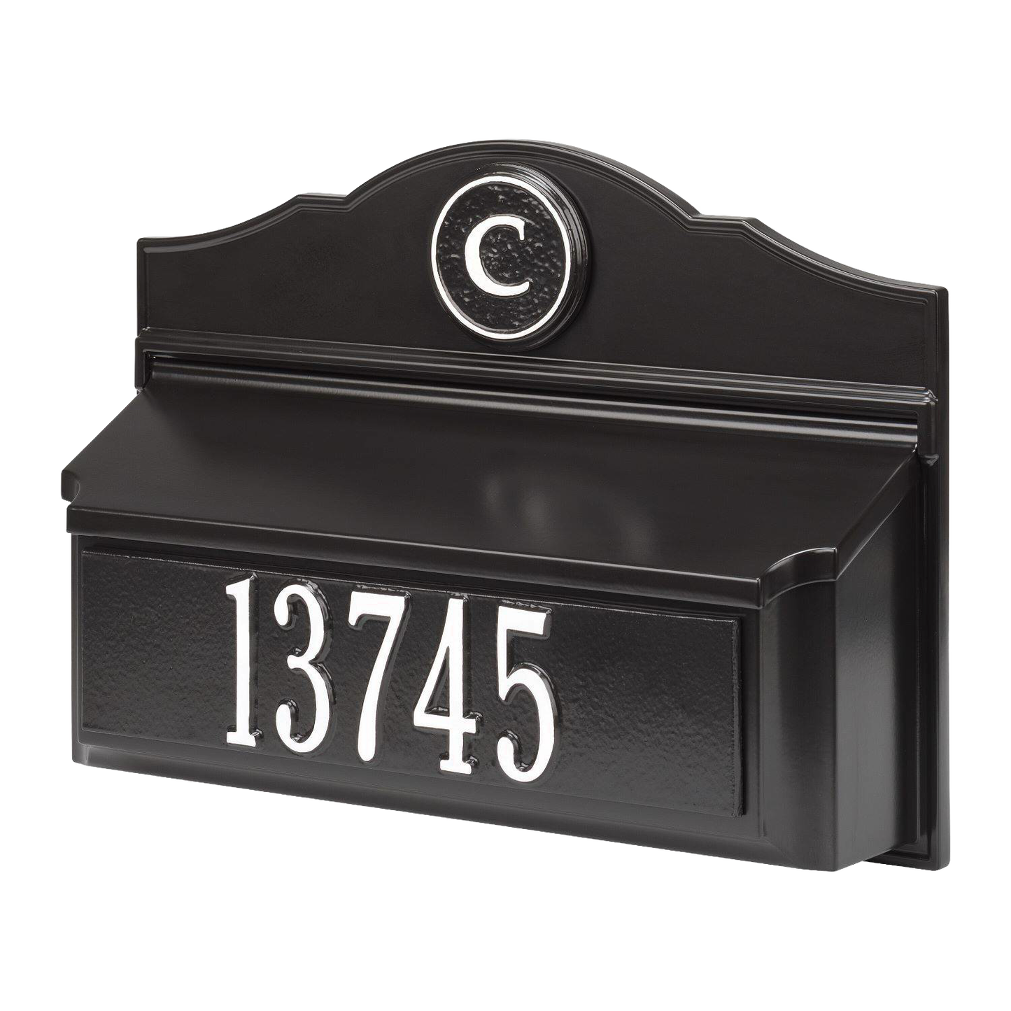 Black and white wall mount mailbox with raised house number and round monogram medallion, handcrafted in USA, featured in Home & Decor and Mailboxes and Address Signs collections.