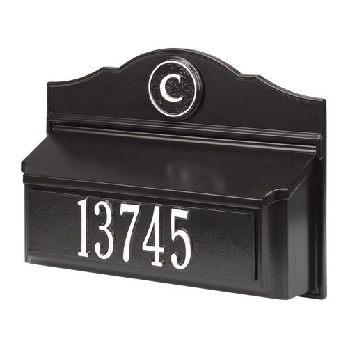 Black and white wall mount mailbox with raised house number and round monogram medallion, handcrafted in USA, featured in Home & Decor and Mailboxes and Address Signs collections.