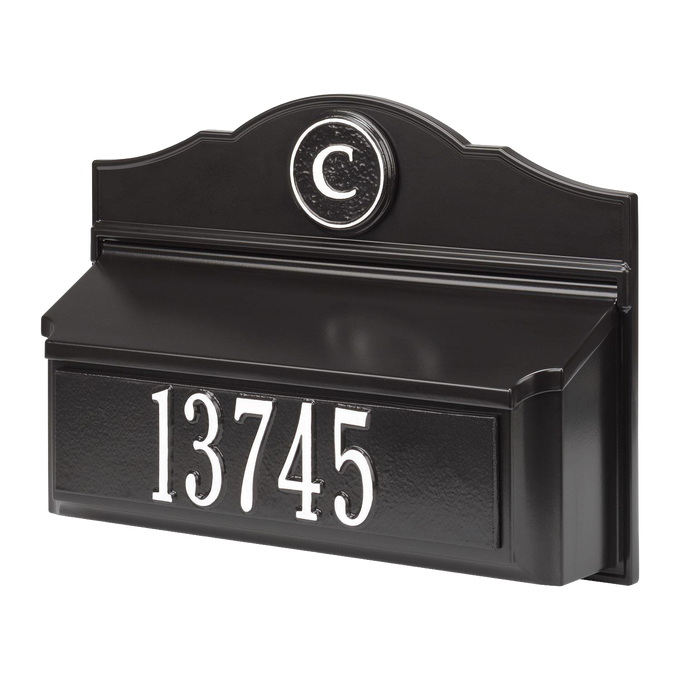 Black and white wall mount mailbox with raised house number and round monogram medallion, handcrafted in USA, featured in Home & Decor and Mailboxes and Address Signs collections.